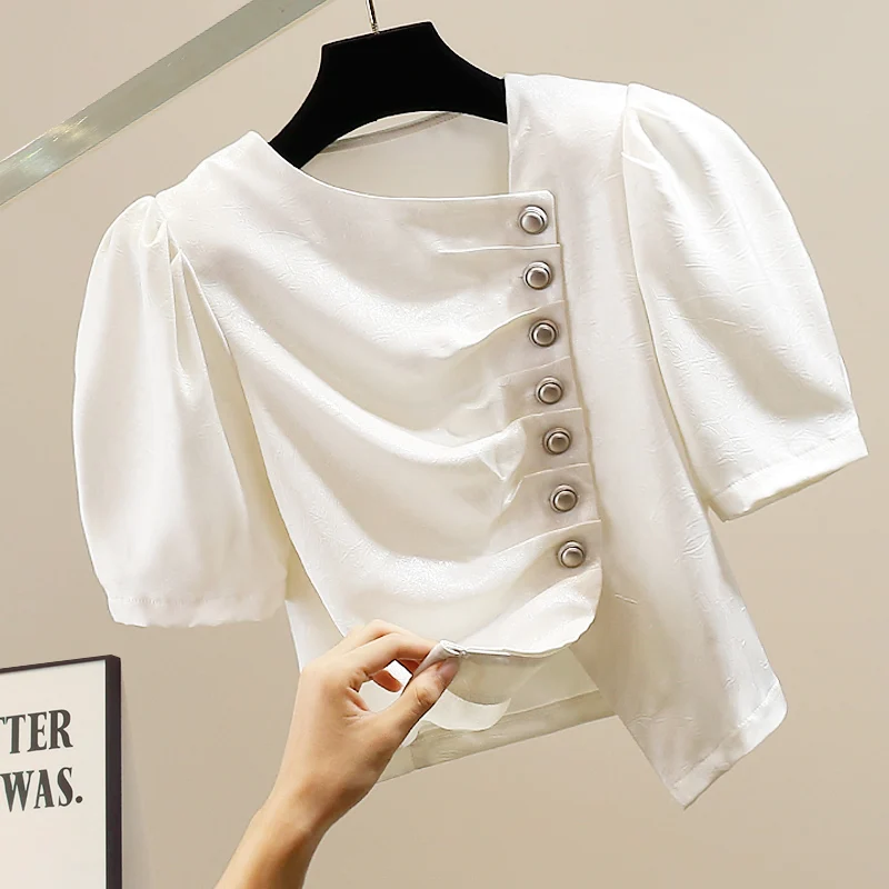 

Faionable Heavy Du Button Decorated irt Women's Slim Fit ort Sve Bubble Sve Commute Sle Chinese Brand irt