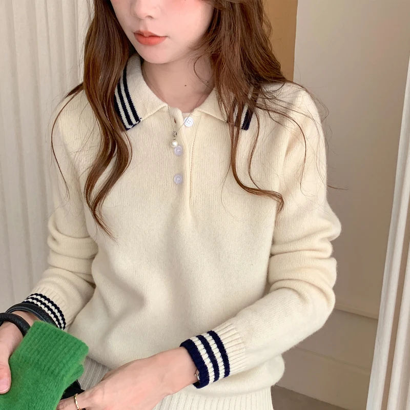 

Autumn Winter New Polo Collar 100% Pure Wool Contrasting Color Versatile Cashmere Base Sweater Knitted inner Sweater For Women