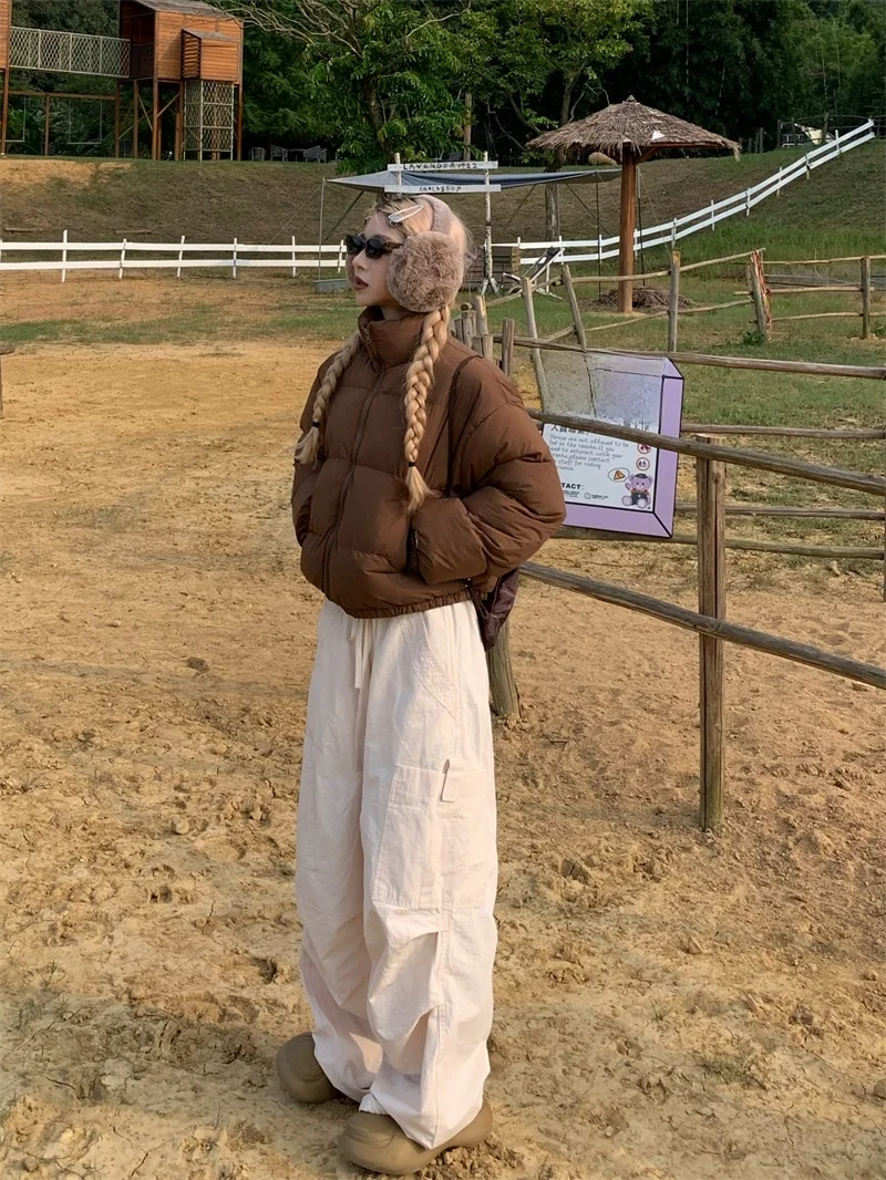 

American Retro ort Cotton Jaet Women's Autumn Winter Stand Collar Slimming Versatile Bread Coat Thiened Long Sve Zipper