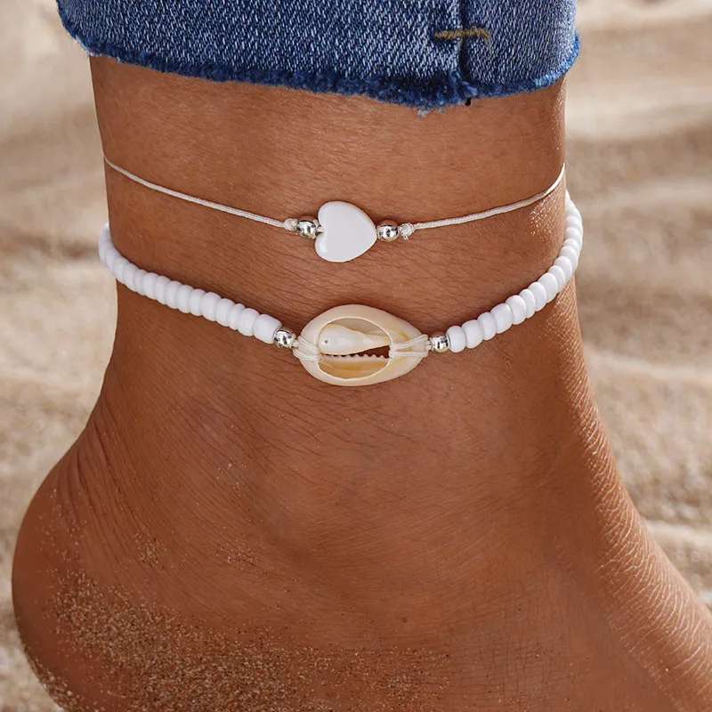 IFKM New Summer Beach Stone Chain Anklet Set For Women Boho Shell Charm Ankle Bracelet On The Leg Handmade Fashion Jewelry