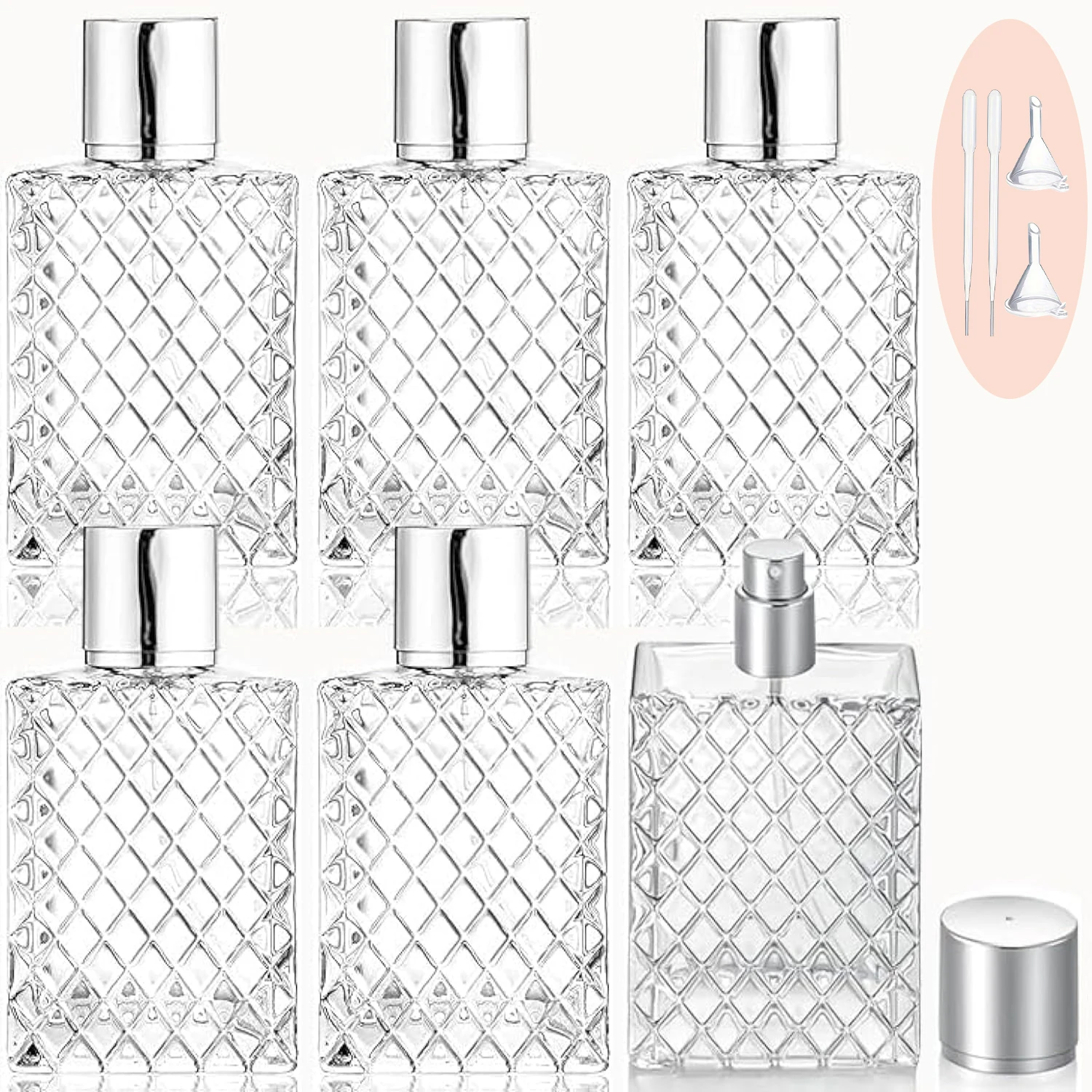 6 reusable spray perfume bottles, glass mist spray bottles, suitable for essential oil, cologne funnel, pipette.