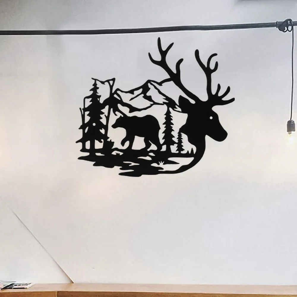 Deer Bear Sign Forest Pine Tree Black Cutout Signs Metal Wall Art Decor Hanging for Living Room Bedroom Bathroom Indoor Outdoor