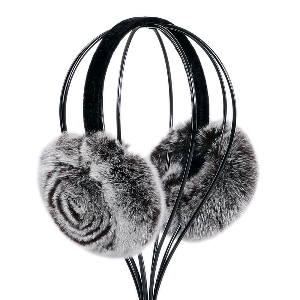 Natural 100% Rex Rabbit Fur Earmuff Women\'s Autumn and Winter Warm Earmuffs Ear Cover Ear Warmer Ear Muffs Winter Rose Flower