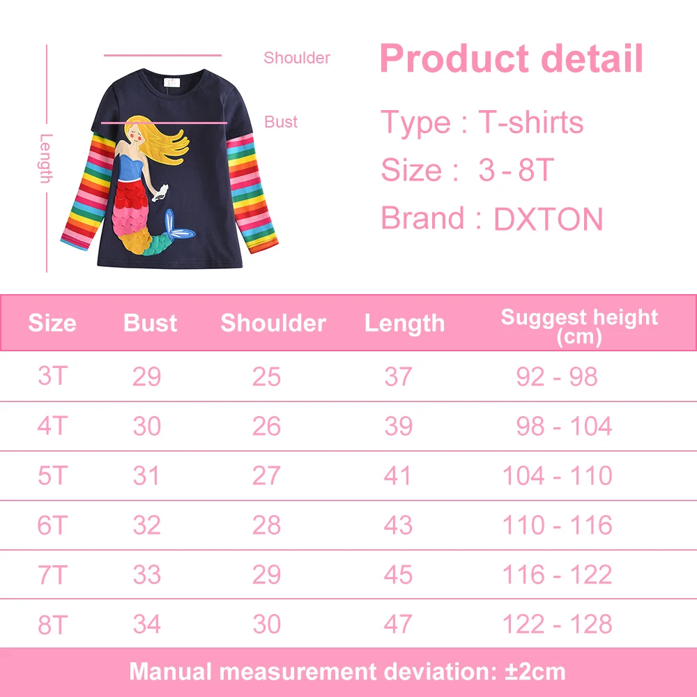 DXTON Girls Rainbow Tops Kids Long Sleeve Cotton T-shirts Children Spring Clothing Girl Stiching Tees Autumn Cartoon Tops 8 Year