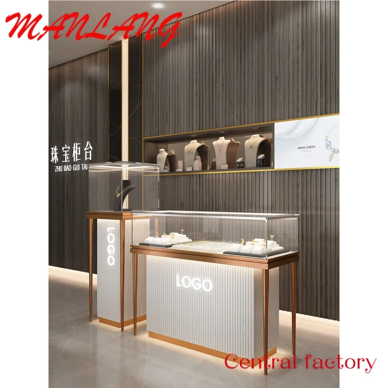 Imagem -02 - Loja Gabinete Display Counter para Loja Vitrine de Vidro Gold Metal Frame Luxury Gem Jewelry Store Design Personalizado