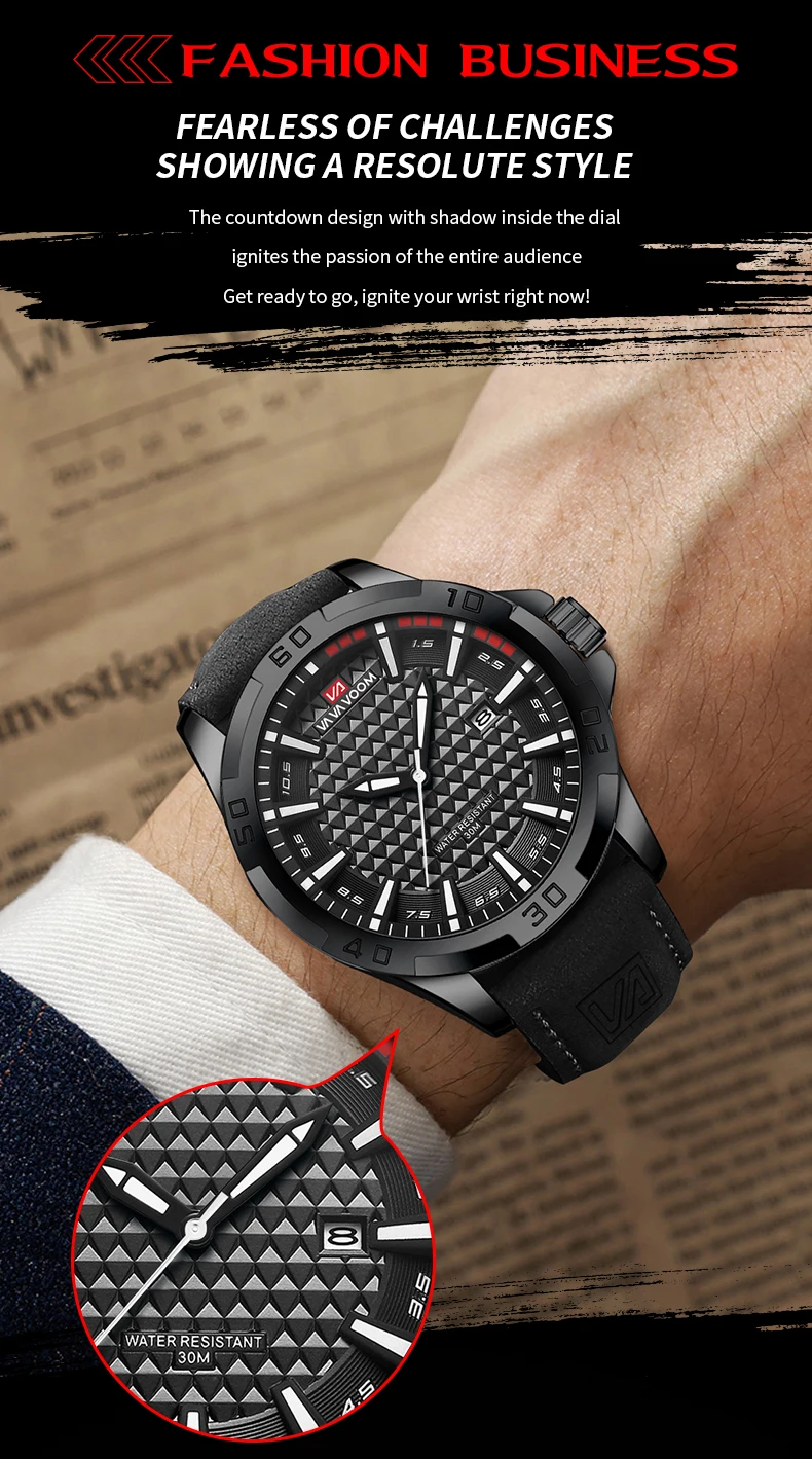 VA VA VOOM Männer Casual Sport Militär Quarz Kalender Armbanduhr für Mann Business Leder Wasserdichte Männliche Uhr Relogio Masculin – Detail 7
