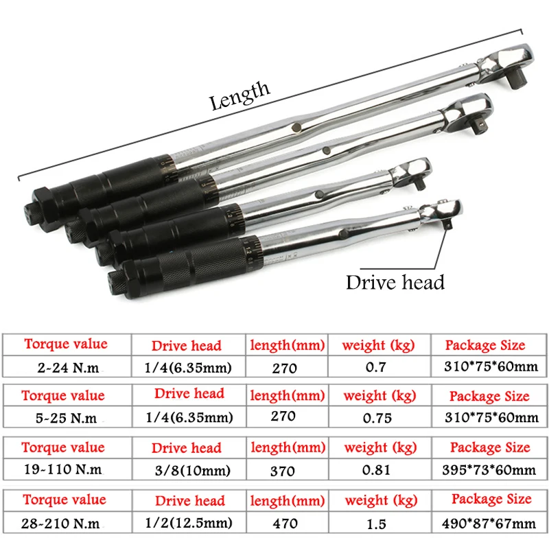 Momentsleutel 1/4 ''3/8'' 1/2 ''Vierkante Aandrijfsleutel Twee-weg Nauwkeurige Ratelsleutel Reparatie Spanner Sleutel Handgereedschap 2-210N.m