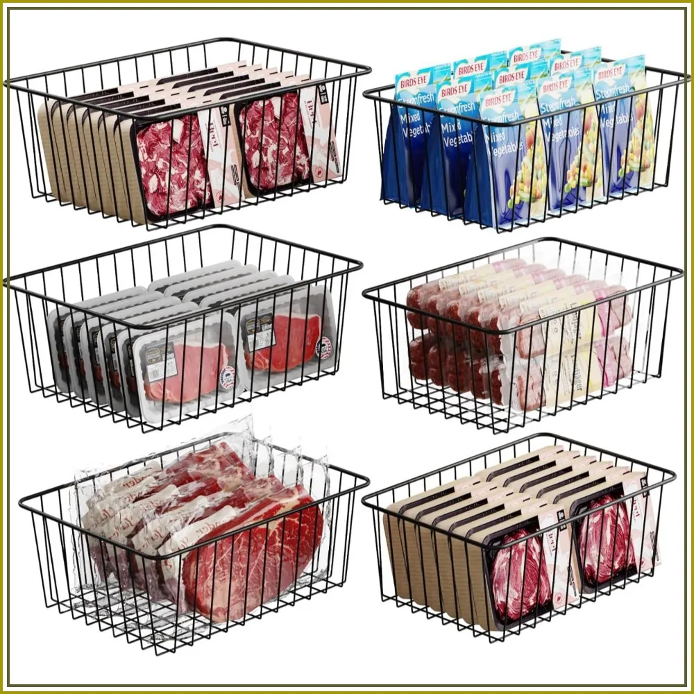 

Freezer Organizer Bins - 6 Pack Stand Up Freezer Storage Baskets for Meat & Veggies, Prevents Items Falling, Slide-Out Access, 3 Large 3 Medium