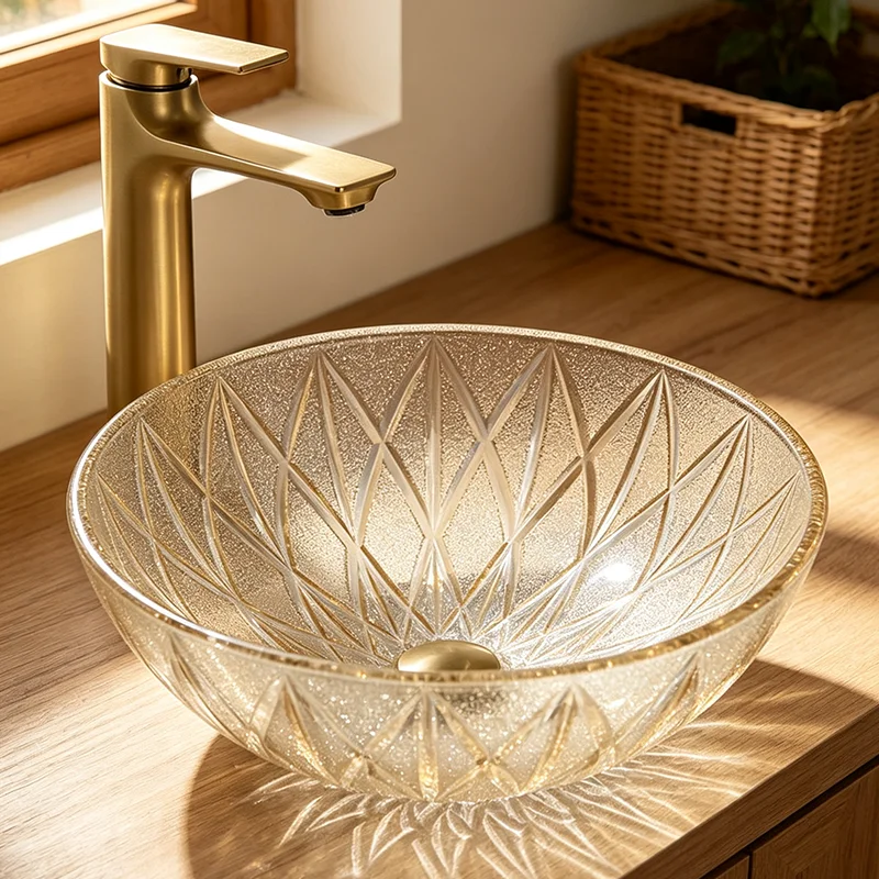 Champagne-Colored Glass Countertop Basin, with a Simple and Elegant Round Shape, the Light Passing through the Basin Creates Dynamic Reflections, Creating a Rich Atmosphere. the Three-Dimensional Diamond Design Adds More Layers to the Light and Shadow, Making It an Ideal Choice for Modern Bathroom Fixtures, Suitable for Dressing Rooms, Vanity Tables, and Home Bathroom Sinks, and Can Be Matched with Various Decor Styles (Accessories Not Included)
