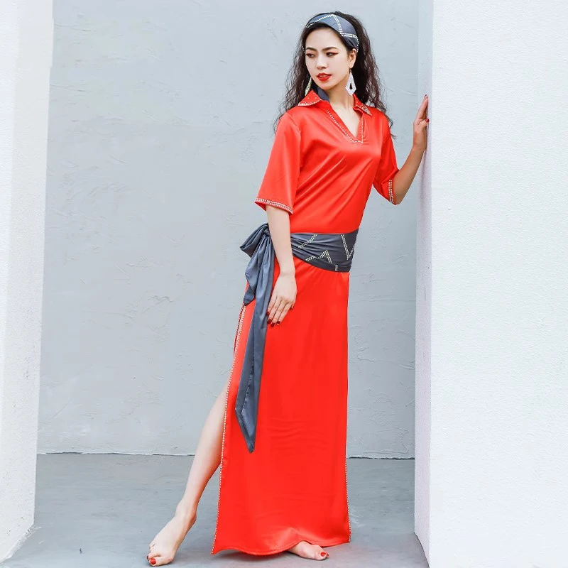 مرحلة الأداء النساء فستان رقص البطن الساتان بلدي فستان Saidi قطعة واحدة فساتين الفتيات الزي الشعبي رداء طويل الأبيض 4 قطعة مجموعة #5