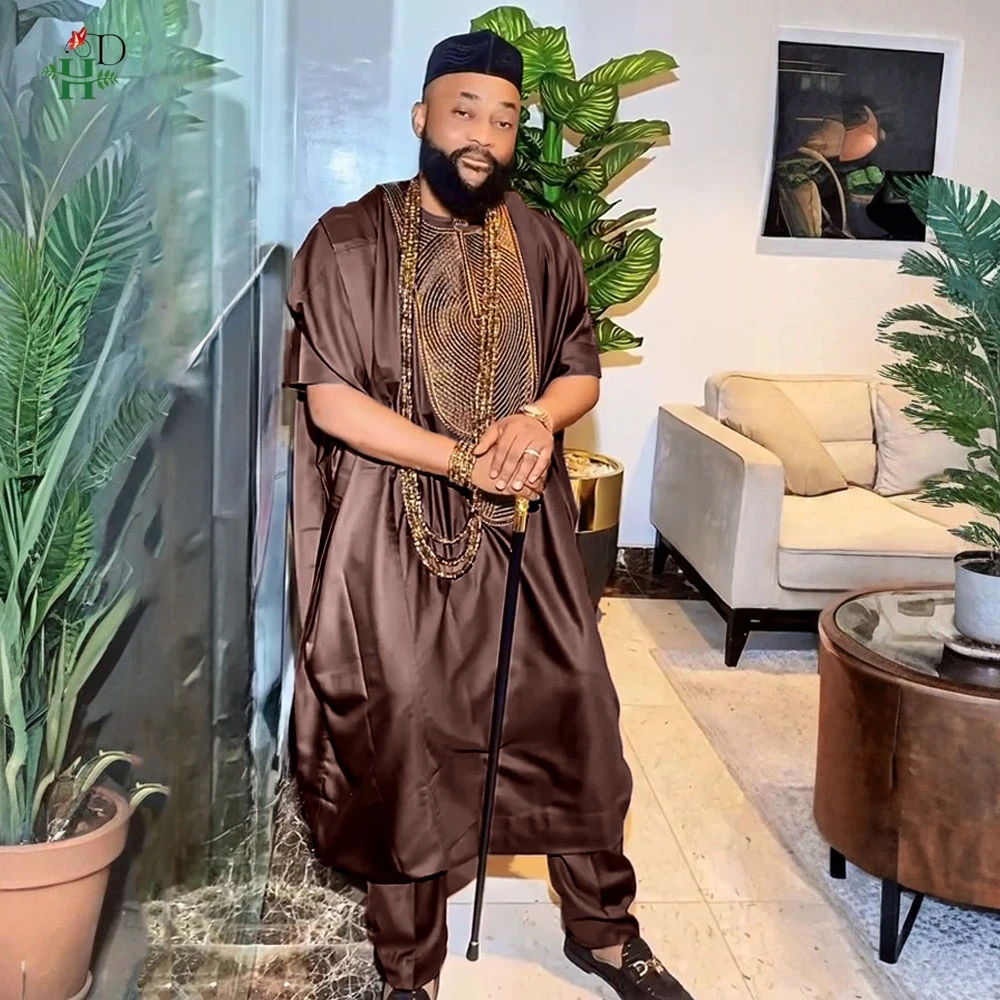 New African Men's Traditional 3PCS Outfit Thobe Set Brown Agbada Embroidered Robe Plus Size For Wedding Church Festival Ceremony
