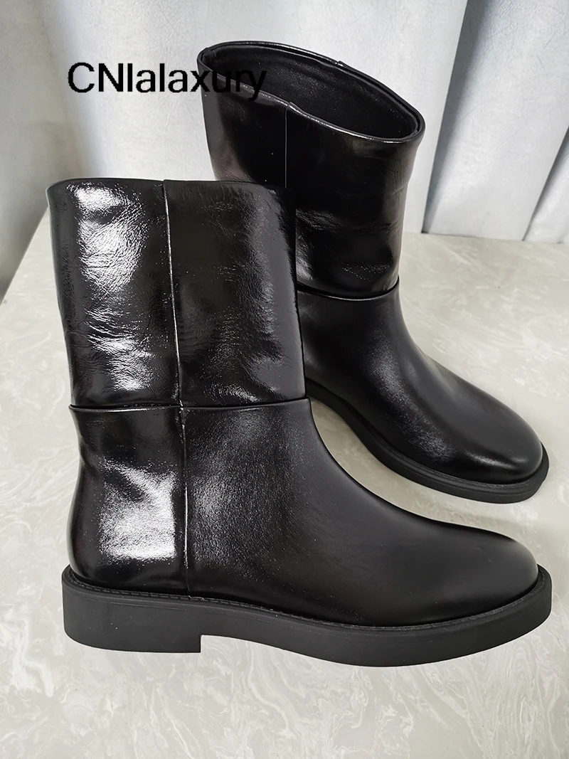 Black Round Toe Fashion Boots Genuine Leather Woman Boots 2024 Winter New Solid Designer Catwalk Ankle Shoes chelsea boots