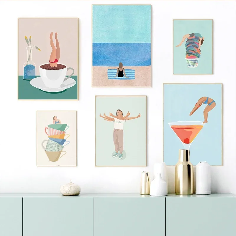 Nordic Pool Party Swim Diving Bathtub Coffee Girl Wall Art Minimalist Print Canvas Painting Posters for Living Room Home Decor