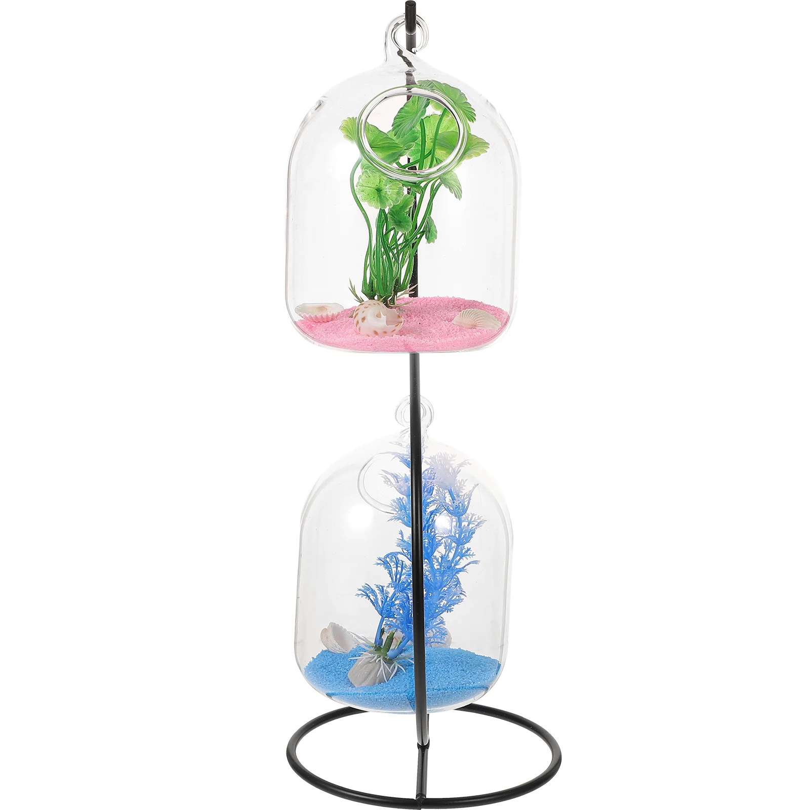 

1Set Mini Hanging Glass Fish Tank Betta Fish Bowl Clear Aquarium Desktop Aquarium with Iron Stand for Home Decor
