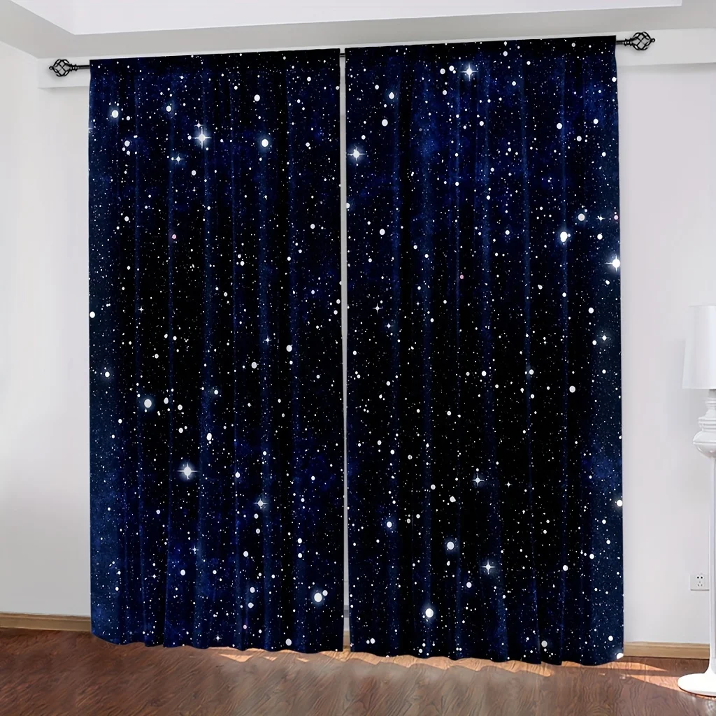 

2pcs Galaxy Shining Stars Curtains,Rod Pocket Outer Space Starry Sky Star Printed Curtains,Window Drapes For Living Room Kitchen