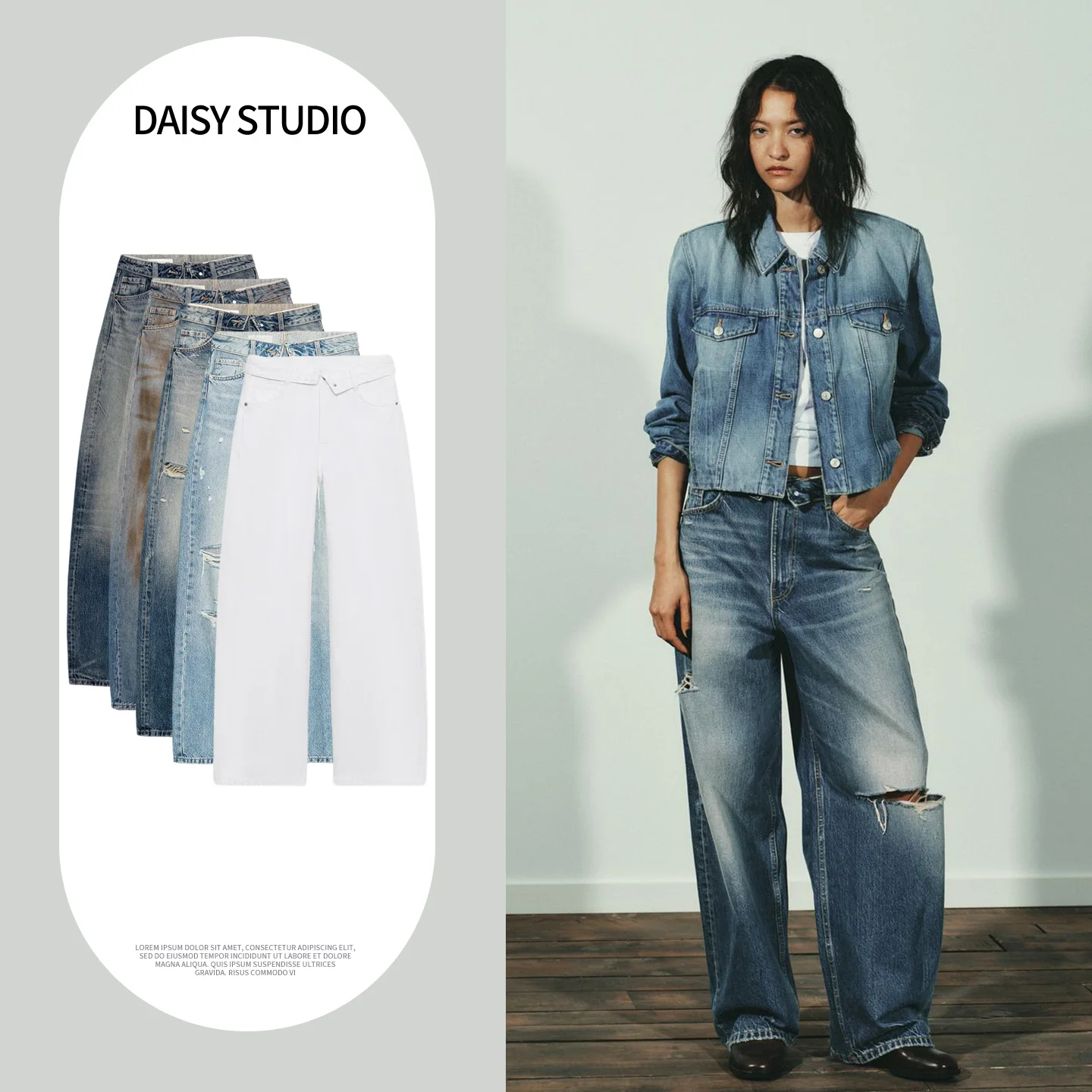 

Spring 2026 Loose Women's Jeans New Arrival Natural Waist Polyester Fiber Button Closure Hole Details No Stretch Ladies Jeans