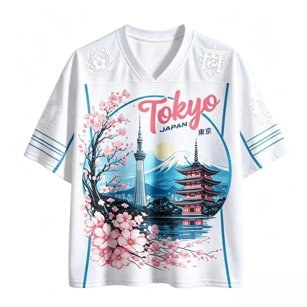 Tokyo Cherry Blossom Mount Fuji Breath Schnelltrocknendes 3D-Druck-T-Shirt mit V-Ausschnitt für Herren und Damen, Outdoor-Freizeitmode, Eltern-Kind-Kleidung – Detail 4