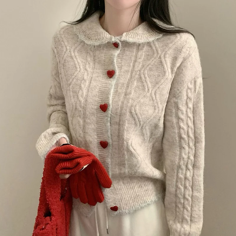 Słodkie, delikatne kardigany z dzianiny, jesienne damskie swetry z kołnierzykiem Piotrusia Pana, zapinane na jeden guzik, płaszcze w stylu koreańskim, modne topy.