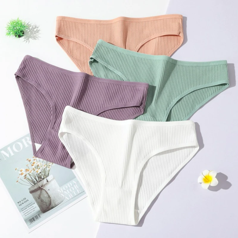 

1Pc Cotton Women's Panties Female Simple Comfort Briefs Sports Low Waist Stripe Briefs Solid Color Female Underpants Briefs