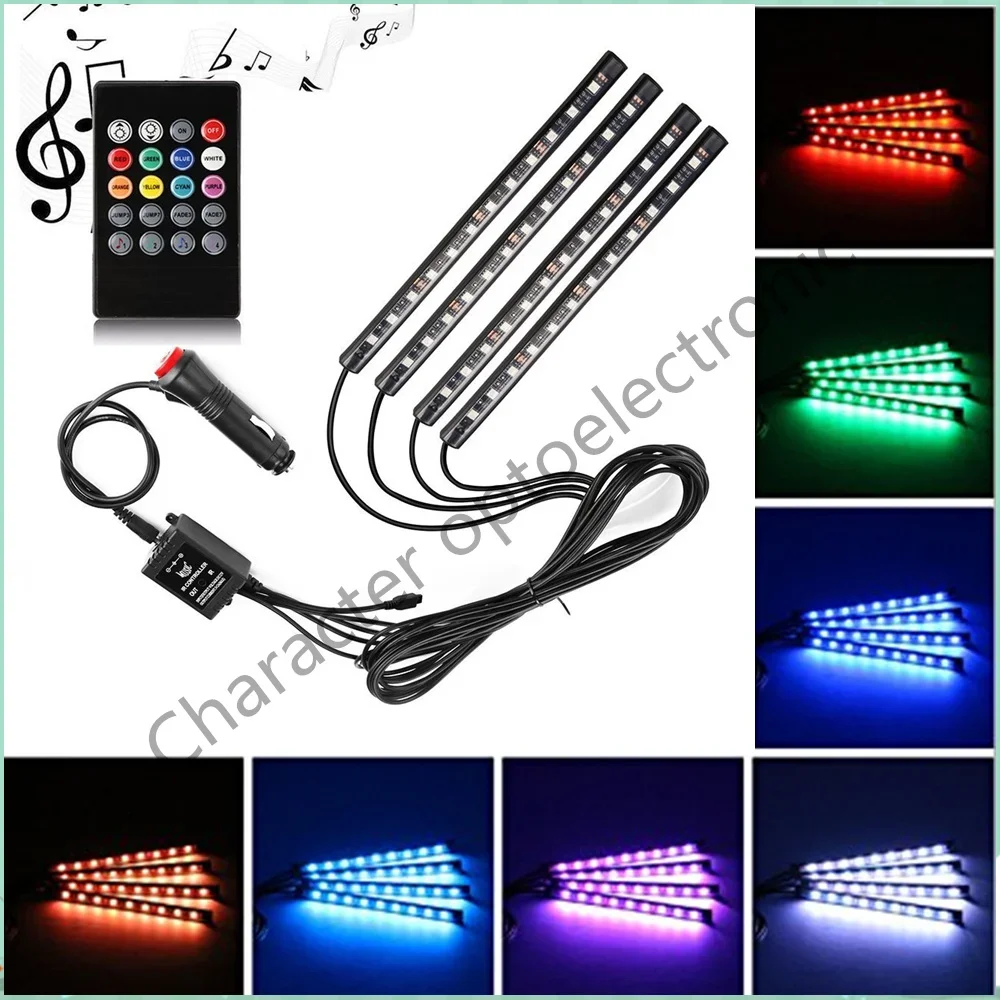 Car LED Strip Light,4pcs 36/48 LED DC 12V Multicolor Music Car Interior Light Function and Wireless Remote Control, Car Charger