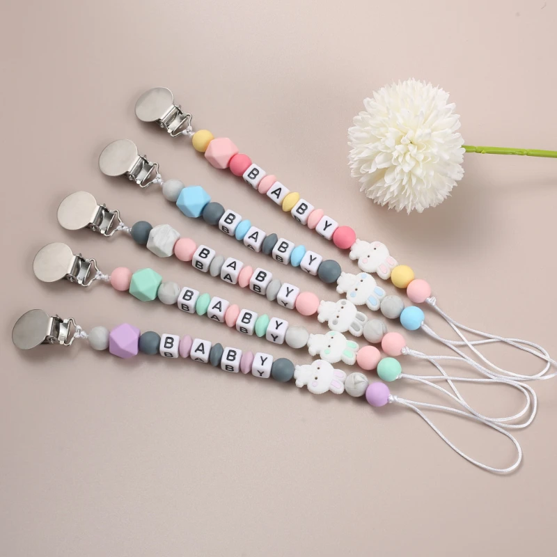 Nieuwe Gepersonaliseerde Engelse Letters Naam Baby Konijn Siliconen Hanger Fopspeen Clips Kettingen Dummy Houder Bijtring Baby Shower Cadeau