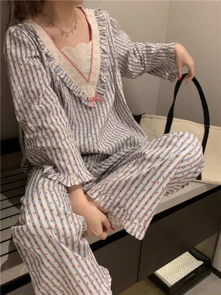 Striped Pajama Sets Women V-neck Autumn Tender Ruffles Sweet Home Students Korean Style Long Sleeve Sleepwear Casual All-match