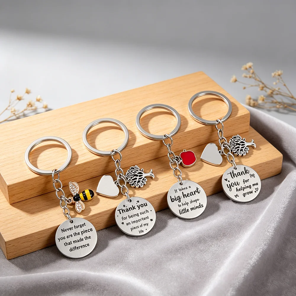 Teacher Appreciation Keychains with Engraved Charms, 4PCS