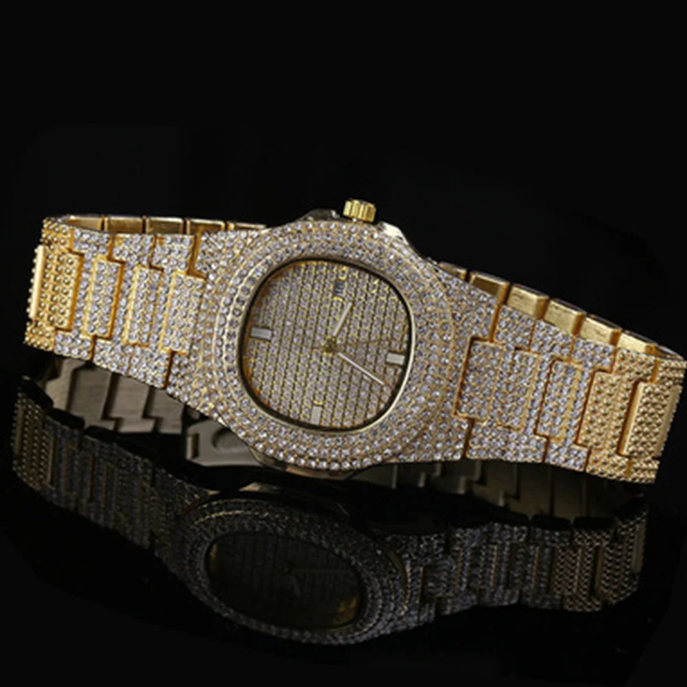 

Men Fashion Quartz Watch Golden Rhinestone Zircon Band Wristwatch Elegant Gift for Birthday Holidays Rhinestone Watch