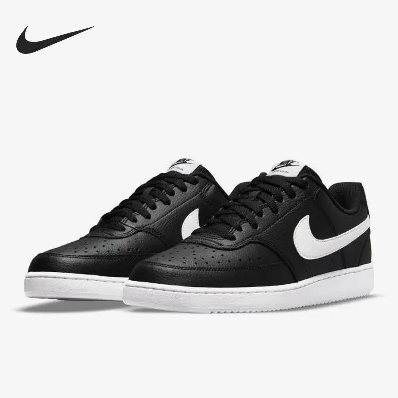 Nike Authentic Court Vision Men Low Top Sneakers DH2987-001 Black White Leather Upper Breathable Perforated Skate Board Shoes