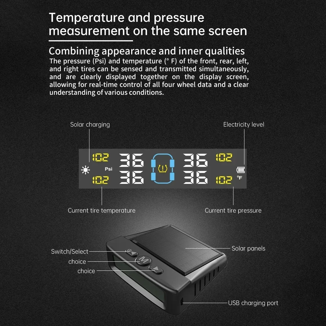 TPMS Lastik Basıncı İzleme Sistemi Araç Güvenlik Alarm Sistemi Renkli Dijital Ekranlı Kablosuz Güneş Enerjili USB ile Çalışan 4 Sensör