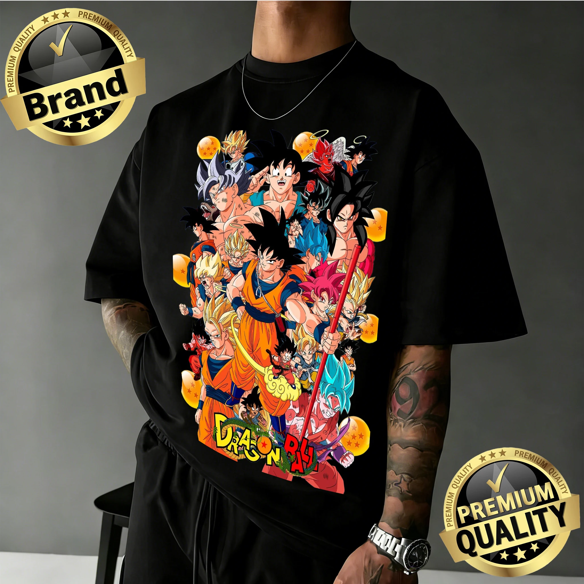 2026 New Arrival Dragon Ball Oversized Retro Anime T-shirt Goku All Forms & Dragon Balls Graphic Print 100% Cotton Casual Tee