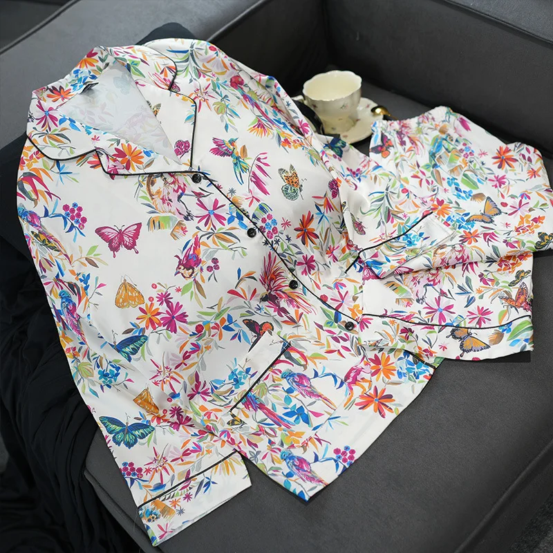 2024 All Season Cool Breathable Ice Silk Pajamas Women Long Sleeve Set Button Flower Butterfly Printed Home Clothes Nightgown