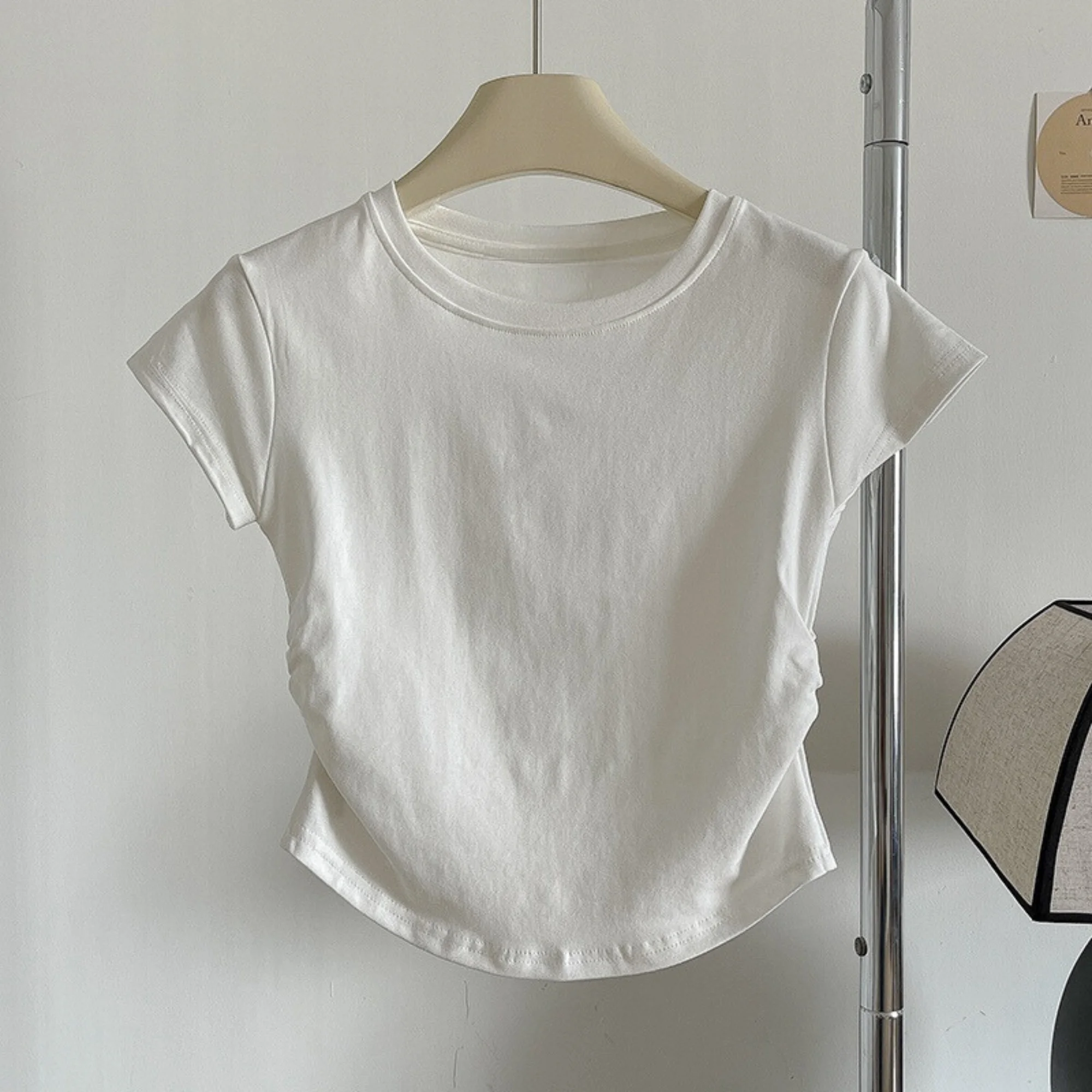 Casual Fashion Niche Chic Short Sleeve T-shirt 2024 Summer New Women Clothes Pleating All-Match round Neck Pullover Top