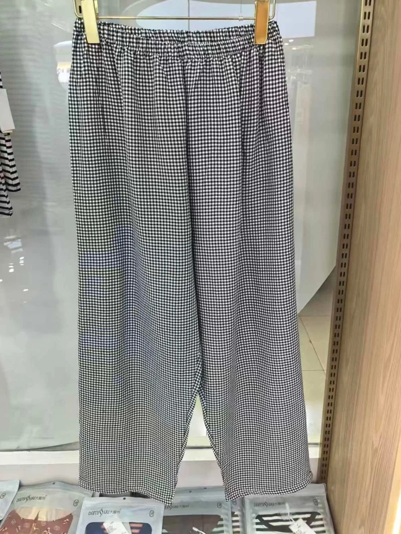 High Waist Nine Points Pants for Women Thin Casual Loose Fit Spring Summer Home Wear Plaid Pattern Elastic Waistband