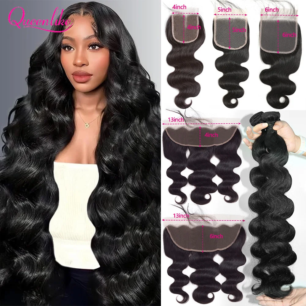

Наборы натуральных волос Queenlike 12A Body Wave с заколками 4X4, 5X5, 6X6, 13X4, 13X6 и 3 пучками натуральных бразильских волос