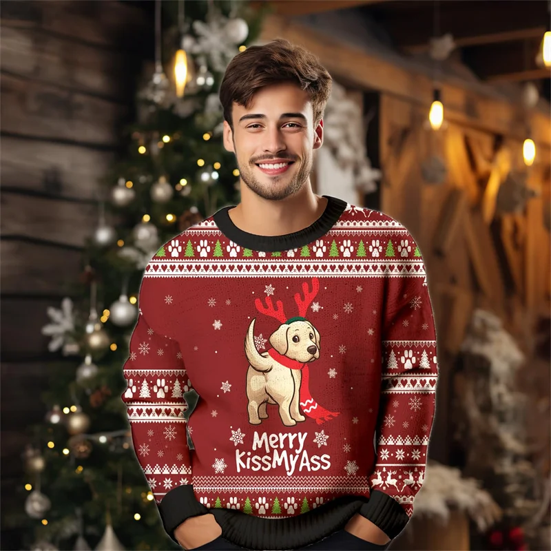 3D Print Merry Christmas Pet Dog Sweatshirt For Men Funny Bulldog Pattern Hoodies Casual Harajuku Loose Tops Round Neck Pullover