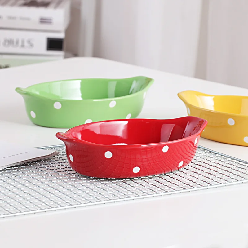 Polka Dot,Baking Plates for Microwave oven, Ceramic Food Plate with handle, Oven Tableware, Home Dish,  1Pc，gravy boat , cute