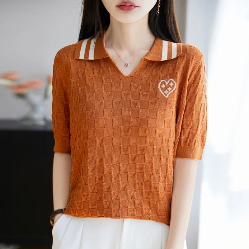 

Summer Light Luxury 100 Laisel Short sleeved T-shirt for Women 2025 New POLO Collar Fashionable and Comfortable Jacquard Top
