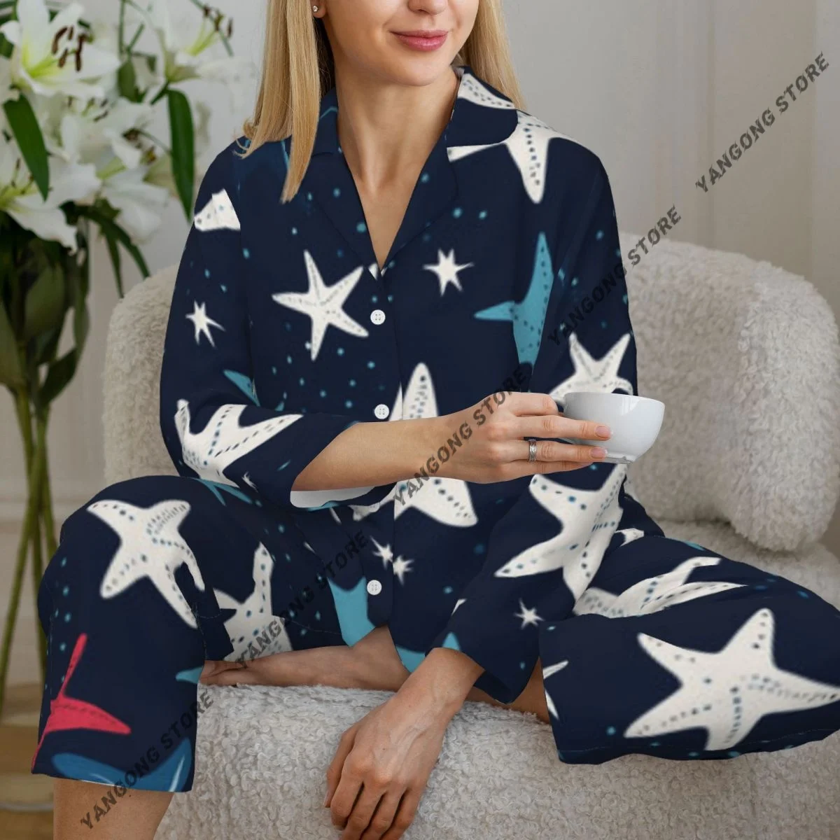 

Colorful Sea Star Pattern Womens Pajamas Loungewear Two-piece Sleepwear Button-Down Full Sleeve Long Pajamas Set