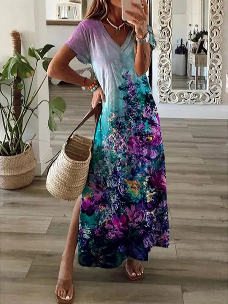 Artistic Printing T-Shirt Style Long Dress Women's V-Neck Slit Maxi Dresses Summer Vacation Party Dress Robe