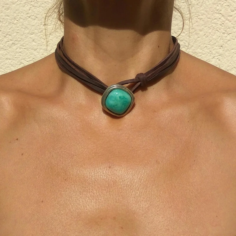 Bohemian Style Vintage Creative Leather Choker imitation turquoise Pendant Necklace for Women Girls Simple Jewelry Gifts