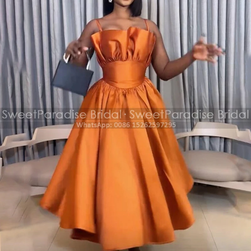 ที่กําหนดเองชาความยาวชุดเจ้าสาวยาว Puffy สายสปาเก็ตตี้สีส้มงานแต่งงานชุด Vestidos De Festa