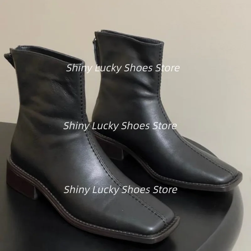 

Кожаные туфли для женщин с квадратным носком на массивном среднем каблуке, швейные линии, женские плиссированные однотонные туфли Chassure Femme с молнией сзади, Zapatos Mujer