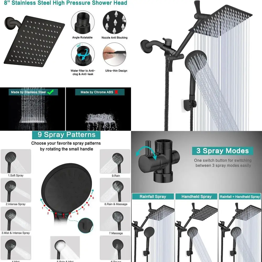 

11 Matte Black High-Pressure Rainfall Shower Head with 8 Handheld Combo and Adjustable 9-Setting Extension Arm