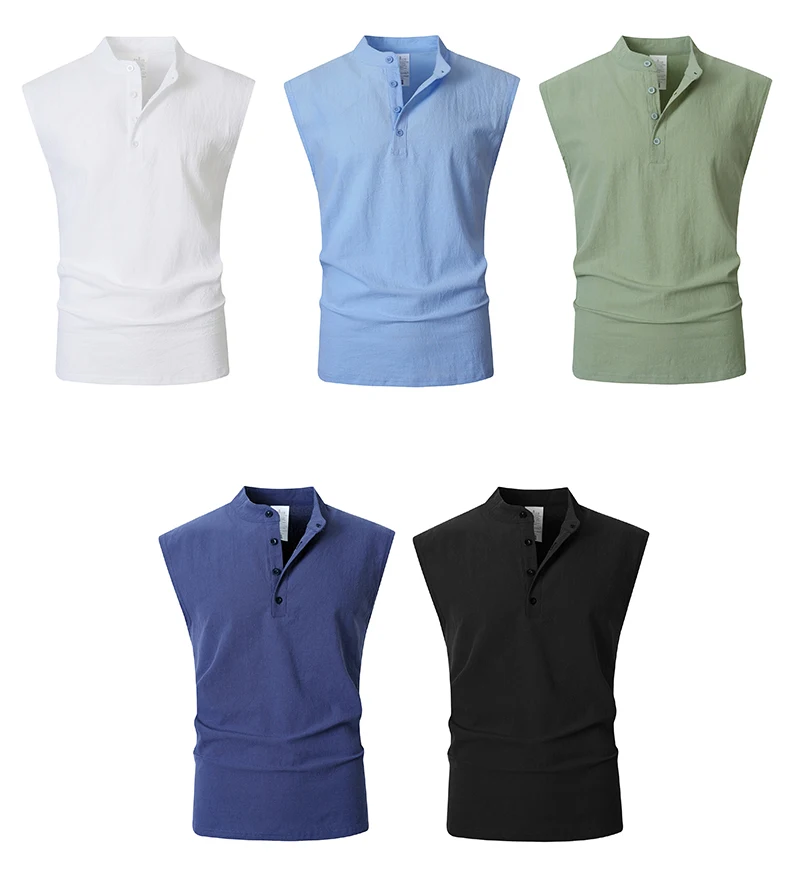 2026 Neue Herren Leinen-Henley-Tanktops mit Stehkragen, Ärmellos, Locker Sitzend, für Strand, Resort, Reisen, Alltag, Outdoor, Urlaub, Freizeit-Weste – Detail 16