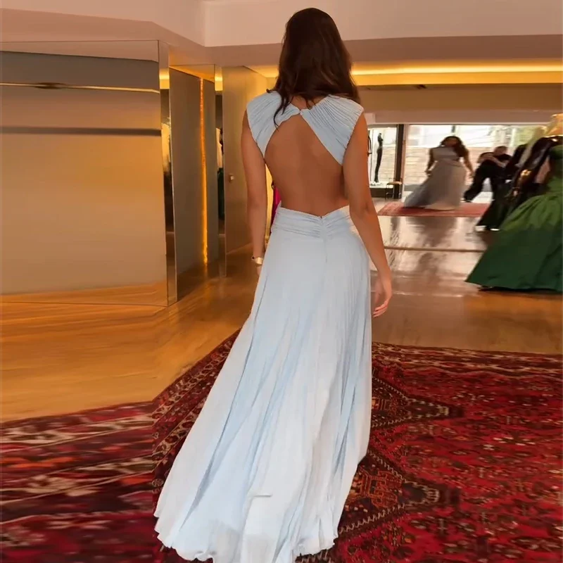 Elegantes plissiertes Damen-Maxikleid mit hohlem Rückenausschnitt, ärmellos, O-Ausschnitt, für Party und Urlaub, A-Linien-Kleider für Damen, Sommer 2026 Roben – Detail 16