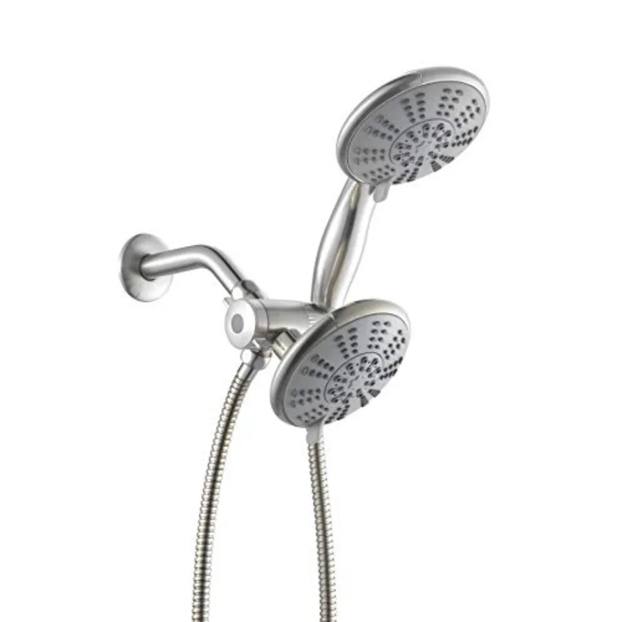 

Bathroom shower head set: brass connector, brushed nickel finish, anti-clog high pressure dual head with handheld spray, 5-inch