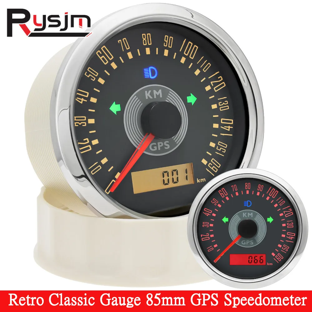 

Ретро классический датчик, универсальный 85 мм GPS спидометр 160 км/ч 160 миль в час с антенной, желтый, красный светодиодный водонепроницаемый автомобильный измеритель скорости лодки