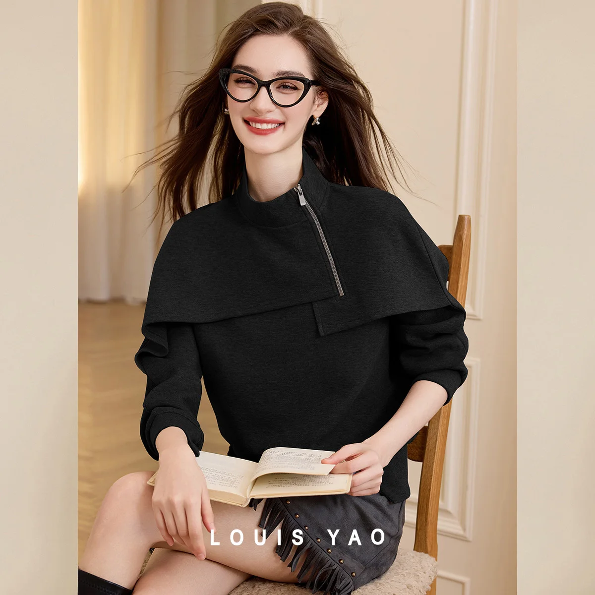 LOUIS YAO Stand Collar Women's Hoodie 2025 Autumn Elegant Casual Top Micro Elastic Asymmetric Design Sweatshirts for Women