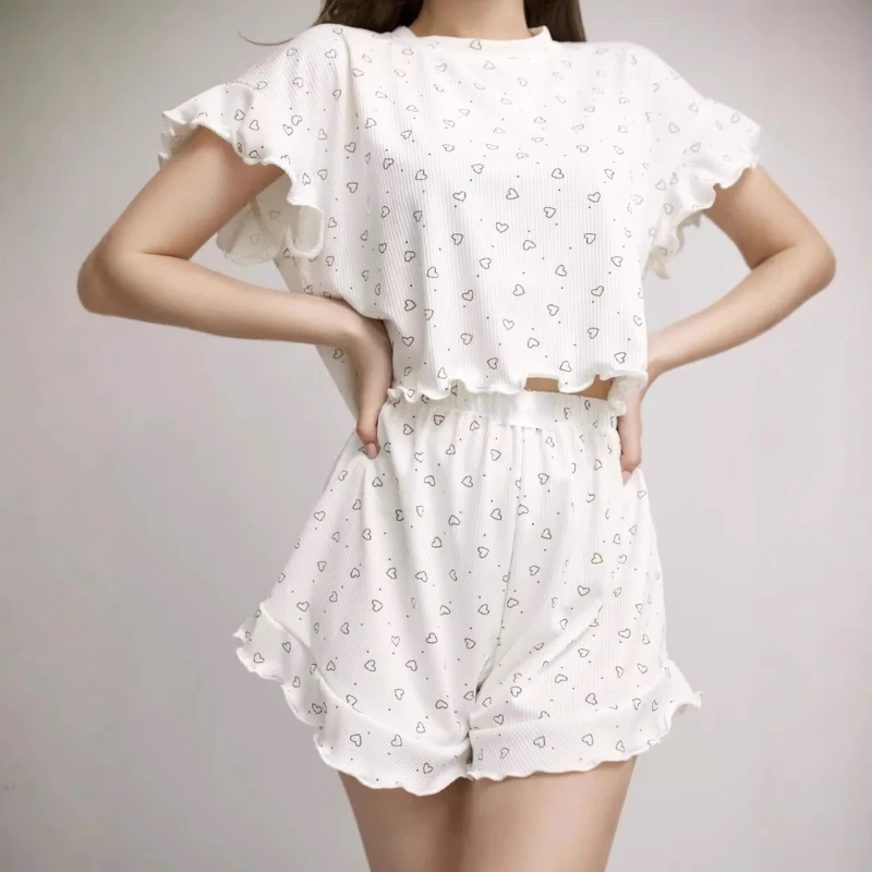 

European and American heart-shaped printed ruffle edge set ribbed short sleeved shorts two-piece set women's sleepwear home wear